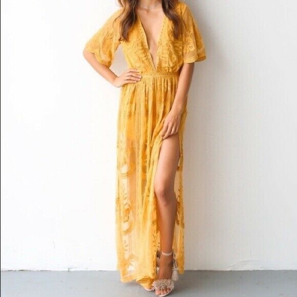 Honey Punch Dresses & Skirts - Honey Punch Yellow Lace Maxi Dress